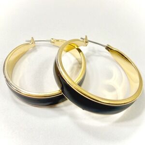Hoop Earrings Gold Plated Black Enamel Pierced Women